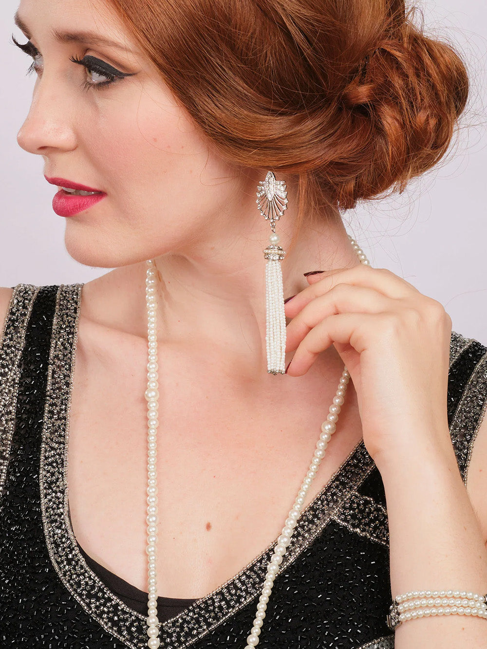 Deco pearl tassel earrings