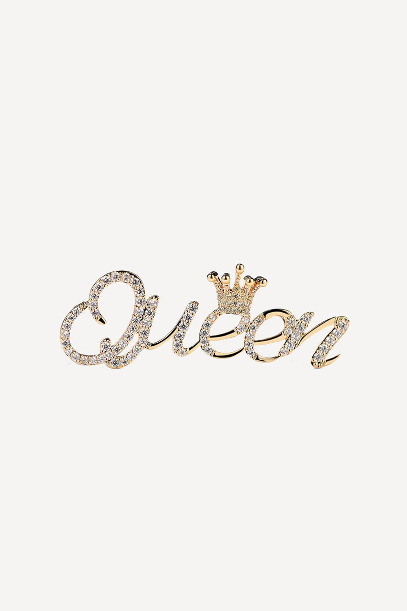 Queen script crystal brooch in gold