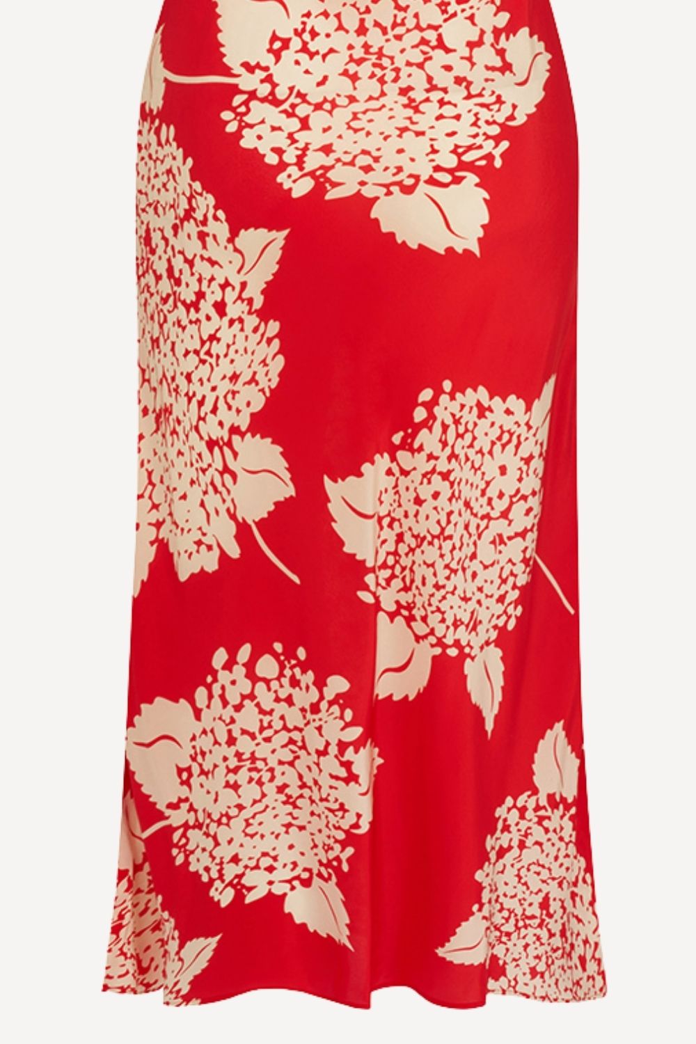 red silk fabric with large cream floral print, shown against a plain light background.