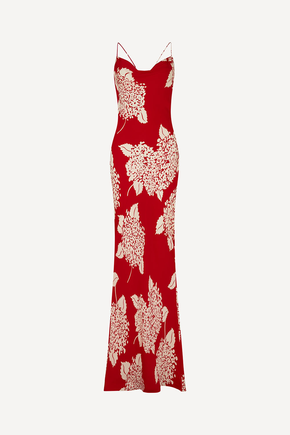 A red silk floor-length spaghetti-strap dress with a cream floral and leaf print, featuring a sheer mesh V-neckline detail, shown against a plain light grey background.
