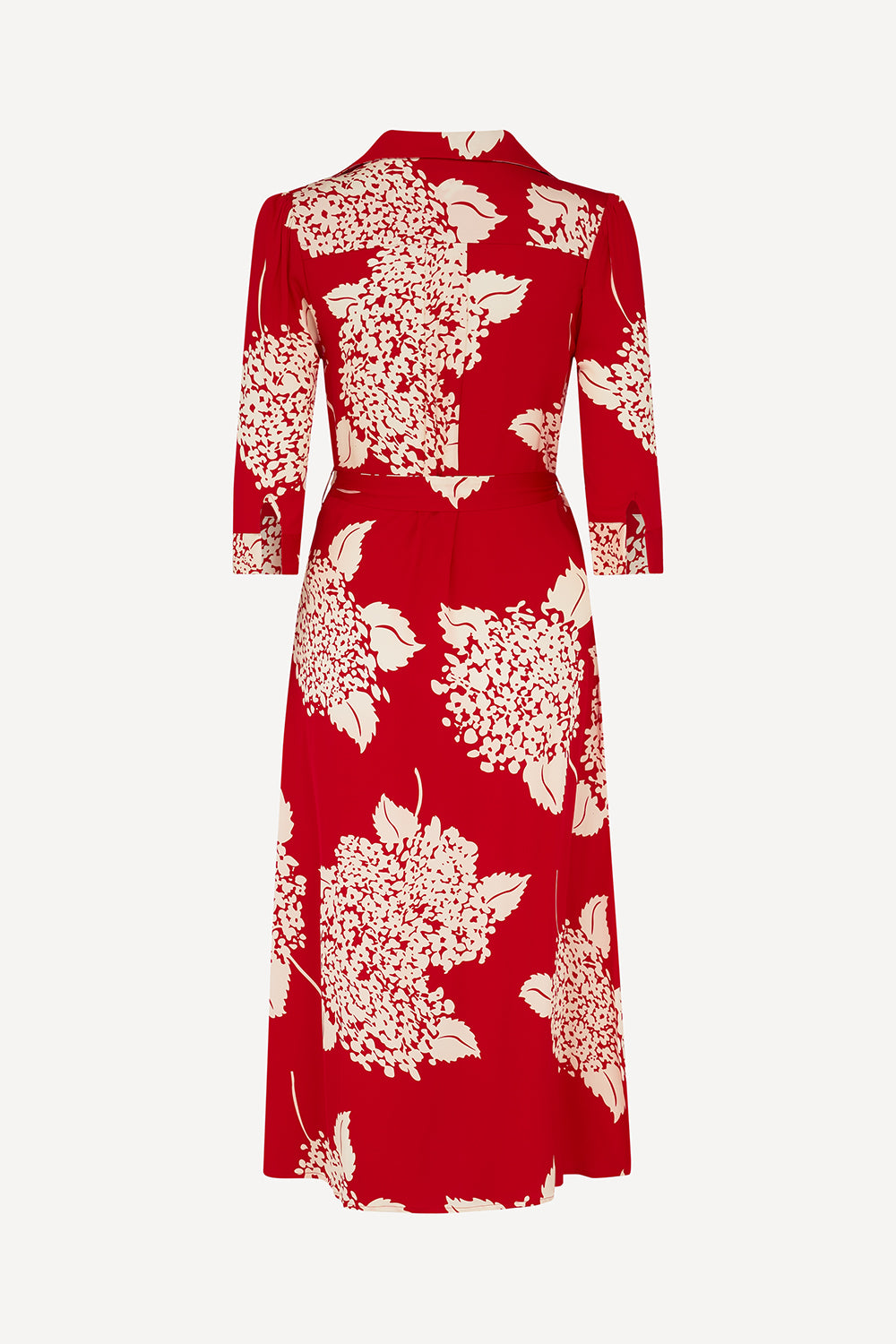 A red midi shirt dress with a cream floral print, featuring three-quarter sleeves and a structured collar, shown against a plain light gray background.