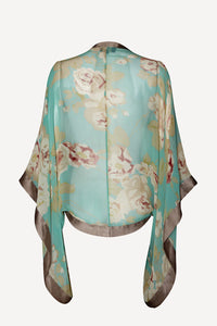 Kimono in aqua Rose Garden silk georgette