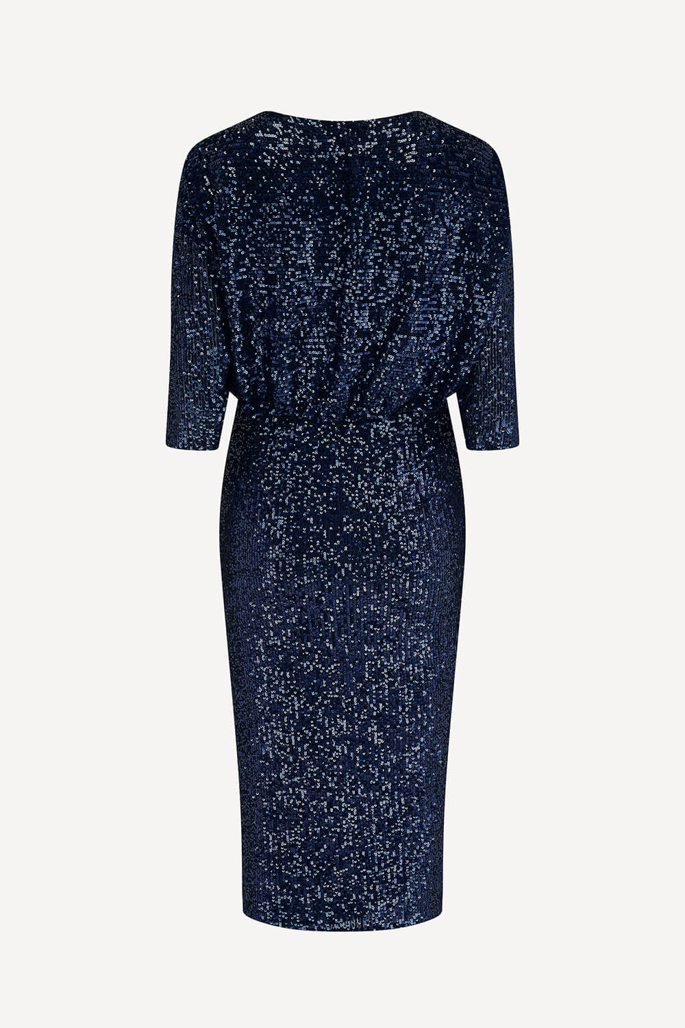 Navy blue sequin 1980s party dress back on a white background