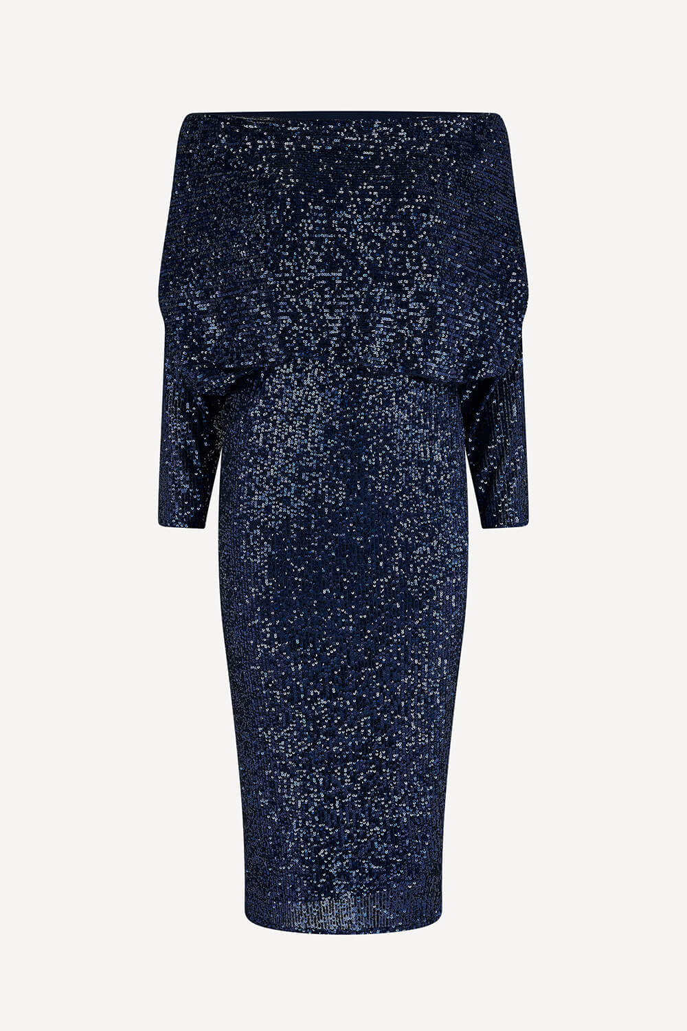 Navy blue glittery 1980s party dress on a white background