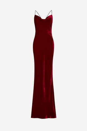 Siren maxi dress in red silk velvet