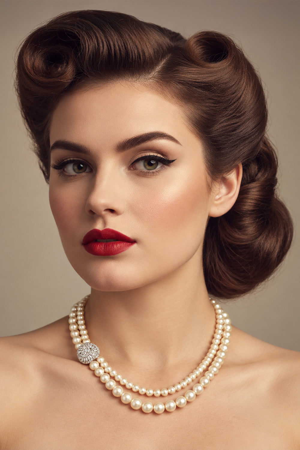 A close-up portrait of a woman with vintage-style brown hair, wearing a double-strand pearl necklace with a silver-tone  crystal knor, against a soft beige background.
