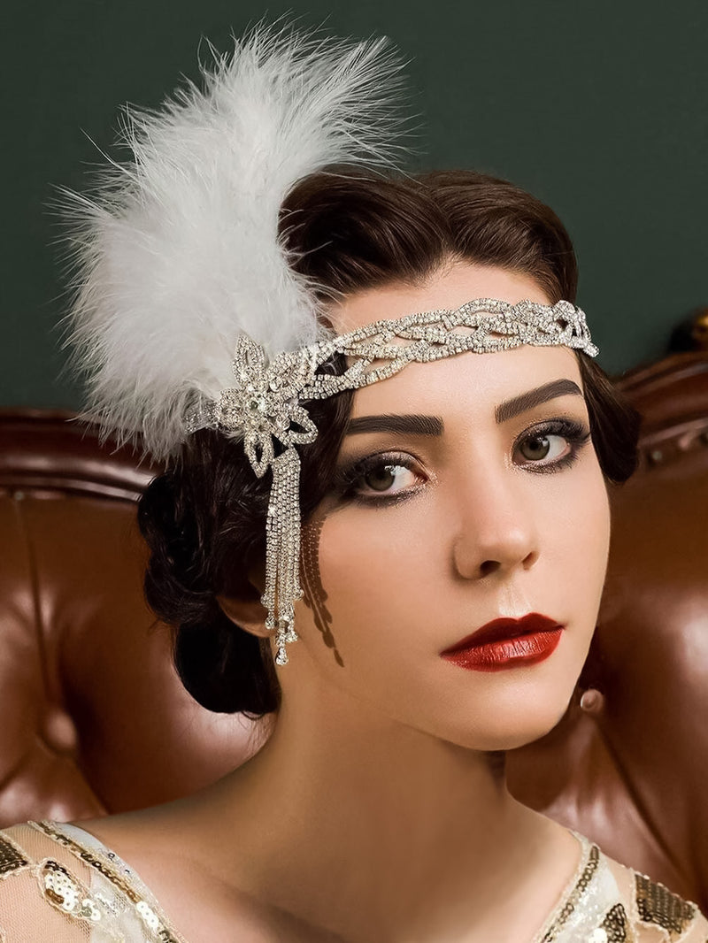 1920s feather & crystal headband in white