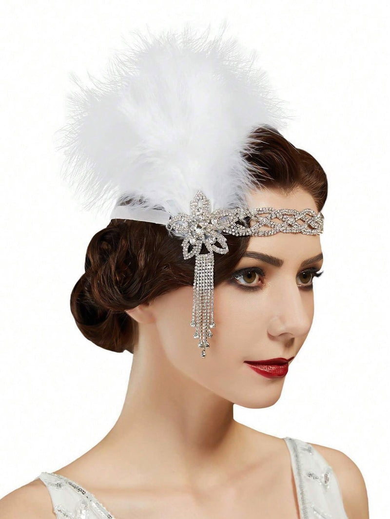 1920s feather & crystal headband in white