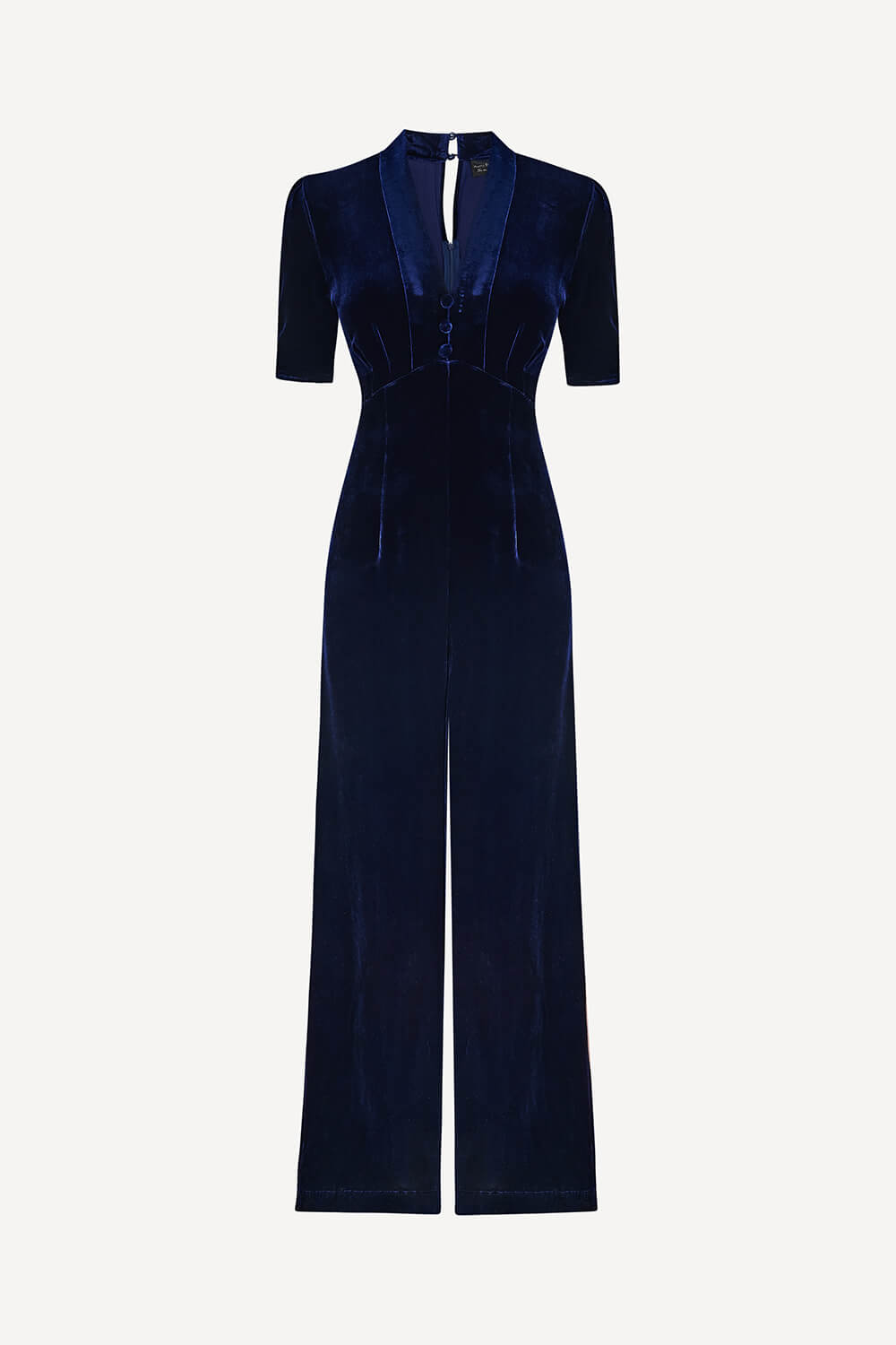 Navy velvet jumpsuit on a white background
