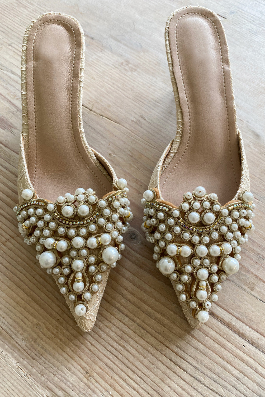 Pearl kitten heel mules in ivory